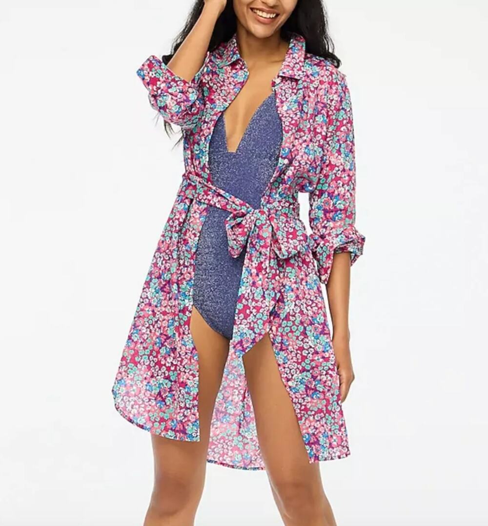 J.Crew Beach Shirtdress Floral Cotton Lightweight Long Sleeve Purple XXS NWT